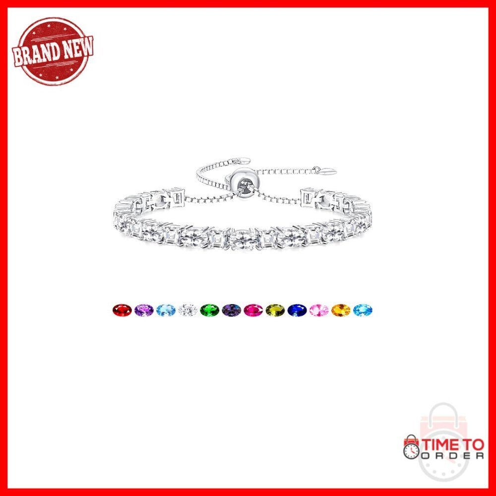 Adjustable Sterling Silver Tennis Bracelet with Birthstones, 6-9 Inch